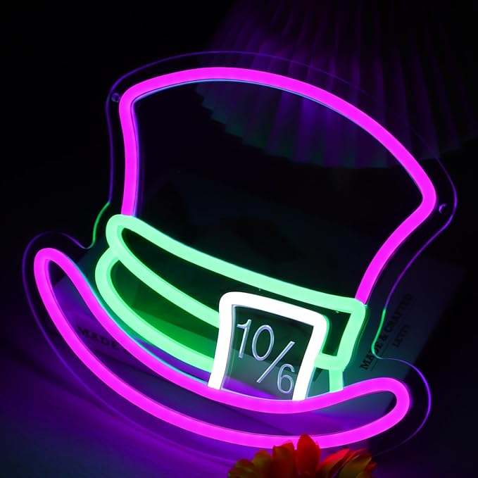 Mad Hatter Hat Neon Signs for Wall Decor Dimmable Alice in Wonderland LED Lights for Bedroom Man Cave Party Bar Background Decoration Birthday and Halloween Gifts, 11.42 * 9.8 Inches