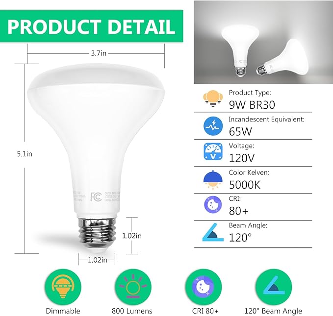 DAYBETTER BR30 LED Light Bulbs Indoor Flood Light, 5000K Daylight White LED Bulb 65W Equivalent, Dimmable, E26 Base, 800LM, Recessed Can Bulb for Living Room Bedroom Dining Room Bathroom, 12Pack