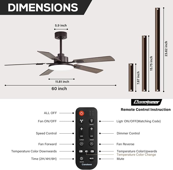 60 Inch Ceiling Fans with Lights and Remote, Bedroom Living Room Office Library Cafe Outdoor Industrial, 5CCT Dimmable, Dual Color 5 Blades, 6 Speed Reversible Quiet DC Motor, Brown/Wood Grain