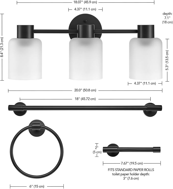 Globe Electric 4-Piece All-in-One Bathroom Set, Matte Black, 3-Light Vanity Light with Frosted Glass Shades, Towel Bar, Toilet Paper Holder, Towel Ring