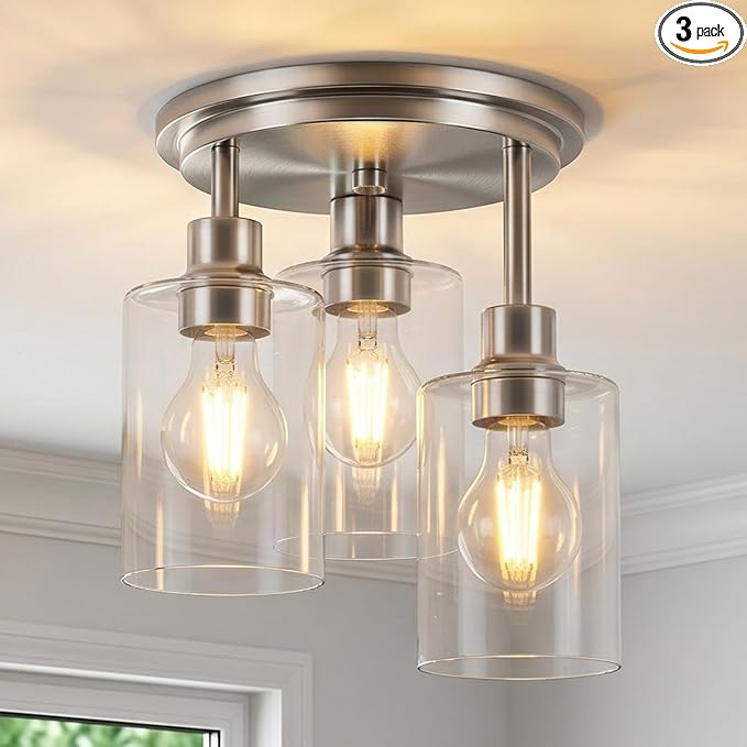 Semi Flush Mount Ceiling Light, 3 Light Close to Ceiling Light Fixtures, Brushed Nickel Finish Kitchen Light Fixtures with Clear Glass Shades, Modern Hallway Light Fixtures Ceiling Mount, 8.8"X11"