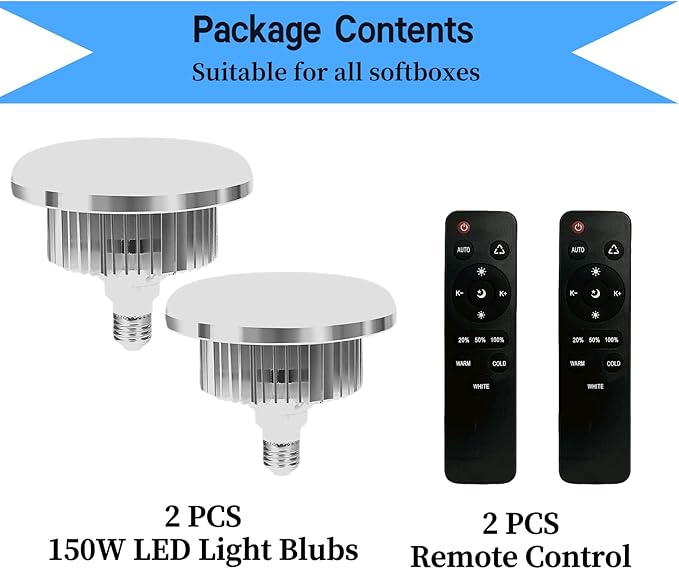 2 Pack 150W LED Soft Box Light, 2700-6500K Dimmable Color Temperatur Photography Light Bulb, E27 Lights Photography Photo Video Studio Lighting with Remote Control