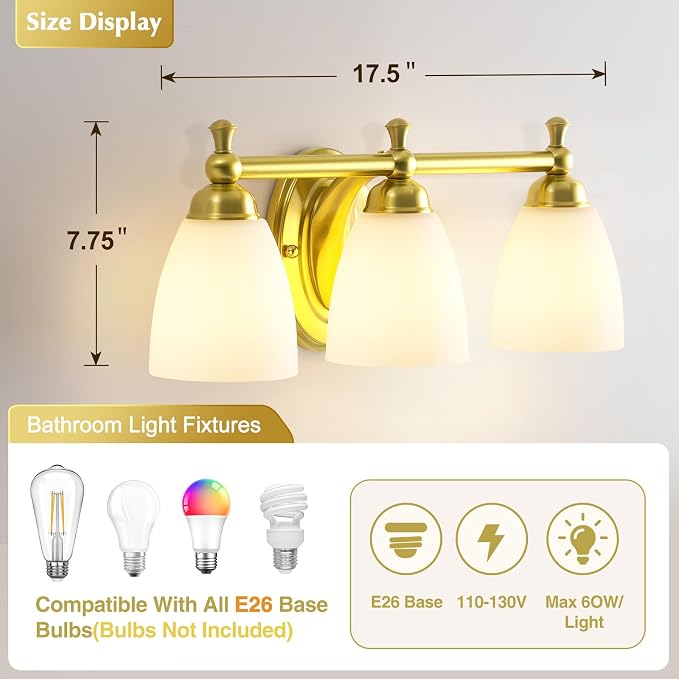 EJIAXIN 3 Light Bathroom Vanity Light,Gold Bathroom Lighting Fixtures Over Mirror Modern Bathroom Light Fixtures for Living Room Bathroom Bedroom Cabinet About Mirror