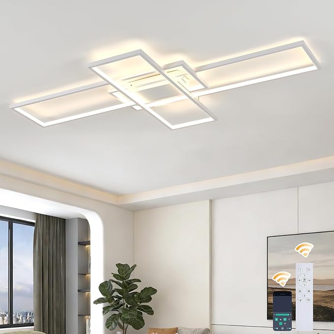 GEADI 60.2" Extra Large Modern LED Ceiling Light, Dimmable Chandelier | 112W White Geometric Flush Mount Ceiling Lamp with Remote, 3000K-6500K Dimming, Memory, Chandelier for Living Room