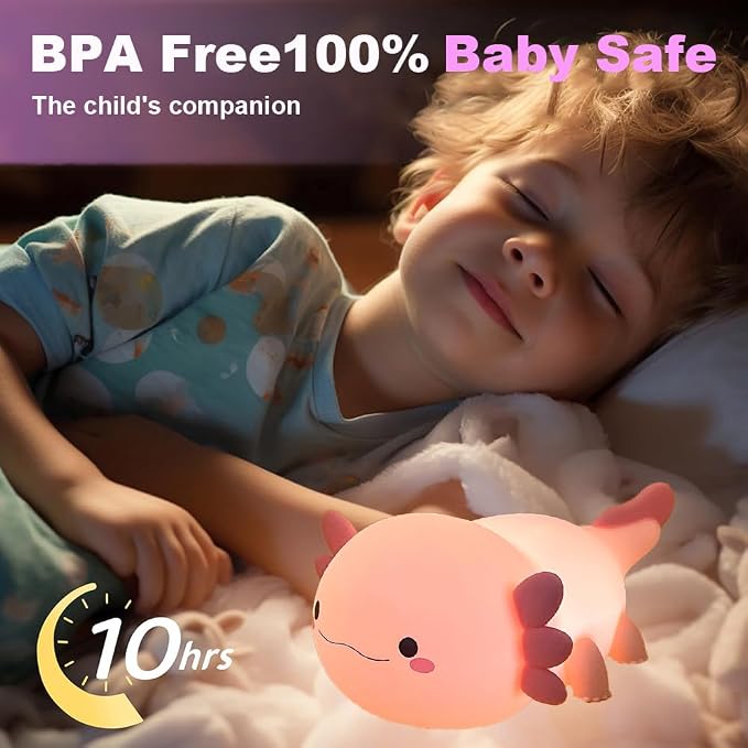 magical JD Axolotl Night Light for Kids Bedroom, Animal Silicone Nursery Night Lamp Touch Dinosaurs Nightlights USB Rechargeable Bedside Lamp for Baby Children Toddlers Girls Gift (Pink Axolotl +1)