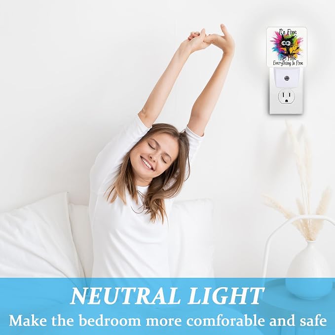l'm Fine Black Cat Night Light, Plug-into Wall Everything is Fine Nightlight Lamp with Dusk to Dawn Sensor, Led Lamp 0.5W Energy Efficient for Boys Girls Adults Home Decor
