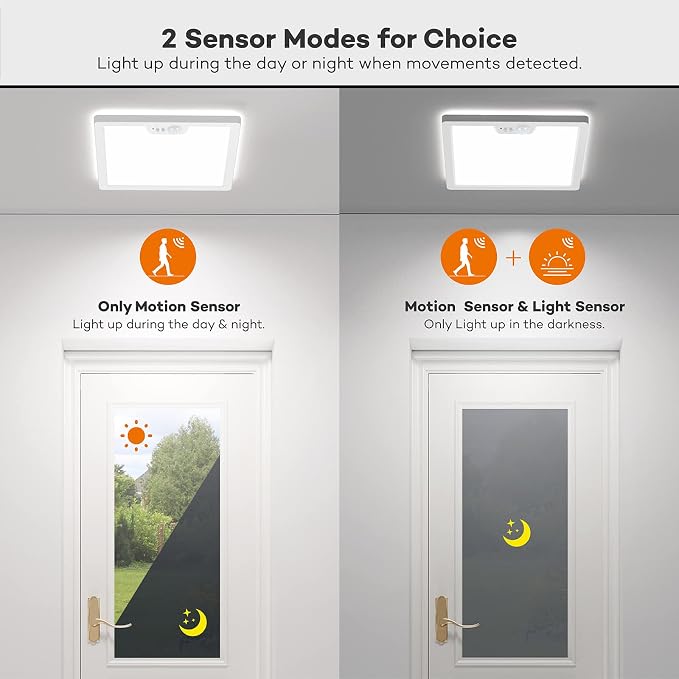 Annaror 2Pack 12in Motion Sensor Ceiling Light Wired with 3 Timer White | 3000K 4000K 5000K Selectable，24W 2400LM Flush Mount Square Motion Ceiling Light for Closet Porch Stairs Hallway , Auto/ON/G