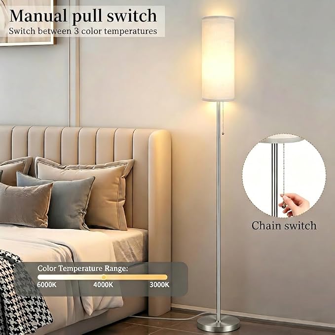 Ldeco Floor Lamp for Living Room, Modern Standing Lamps with Lampshade, Minimalist Tall Lamp with Chain Switch for Living Room, LED Bulb Included (Nickel Body+Beige Shade)
