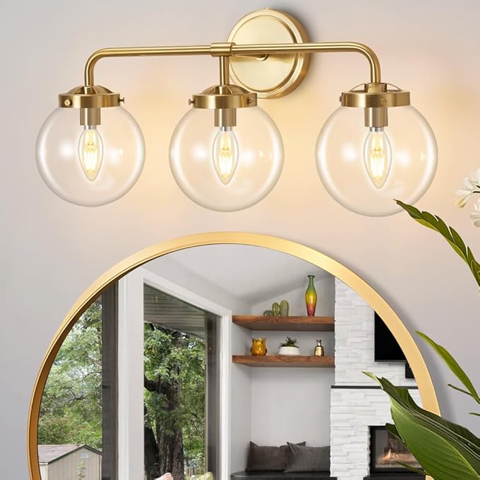 Gold Bathroom Vanity Light Fixtures Over Mirror, Modern Brass 3 Lights Wall Sconce Lighting with Transparent Glass Ball Shade, Mid Century Farmhouse Vanity Lights