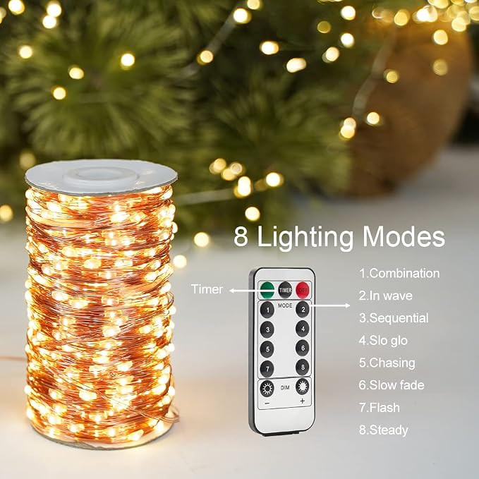 Plug in Fairy Lights with Remote 100FT 300 LED Waterproof Warm White Copper Wire Twinkle String Lights for Indoor Outdoor Christmas Tree Bedroom Porch Wedding Birthday Party Girl's Room