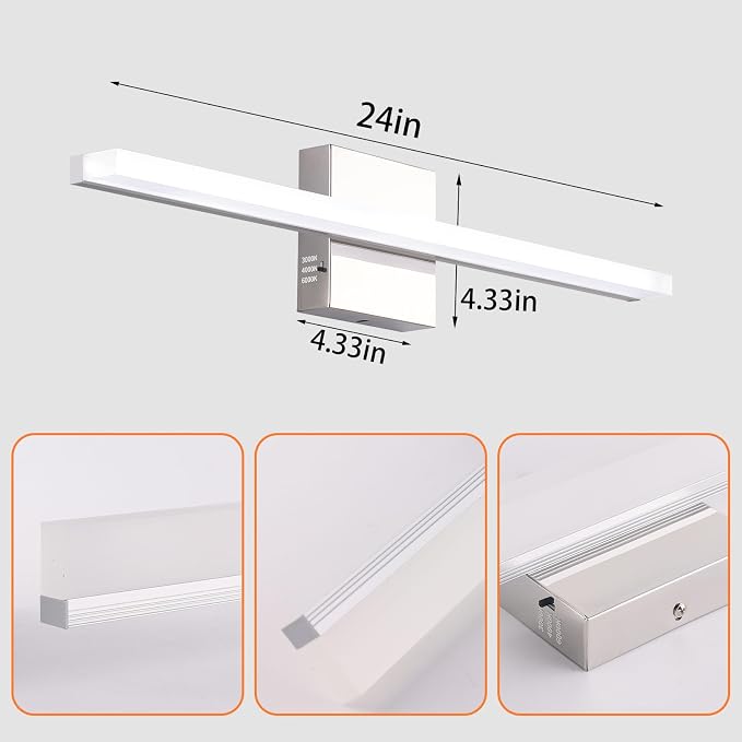 24 Inch LED Bathroom Vanity Light, 3CCT 3000K/4000K/6000K Bathroom Lighting Fixtures Over Mirror, IP44 Modern Chrome Wall Sconce for Bathroom Makeup Dressing Room