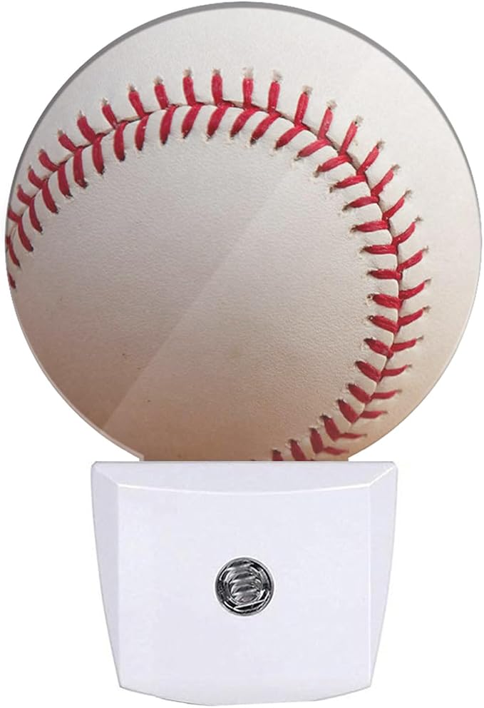 Home Baseball Decorative Night Light Sports Theme White and Red Baseball Laces Softball Laces Night Lights Plug into Wall with Dusk to Dawn Sensor for Boys Men Room Decor