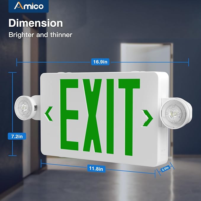Amico 12 Pack Green Exit Sign with Multi-Angle LED Emergency Lights | ETL Listed, Wall & Ceiling Dual Mount, Hard Wired 120/277V AC, 90 Min Backup, 94V-0 Fire Resistant Plastic Housing