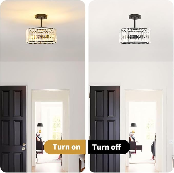 Lxybcce Modern Crystal Ceiling Light, Matte Black Semi Flush Mount Ceiling Lighting Fixture, Hallway Light Fixtures Chandelier for Kitchen, Bedroom Dining Room Hallway Closet, 3-Light, 12 Inch