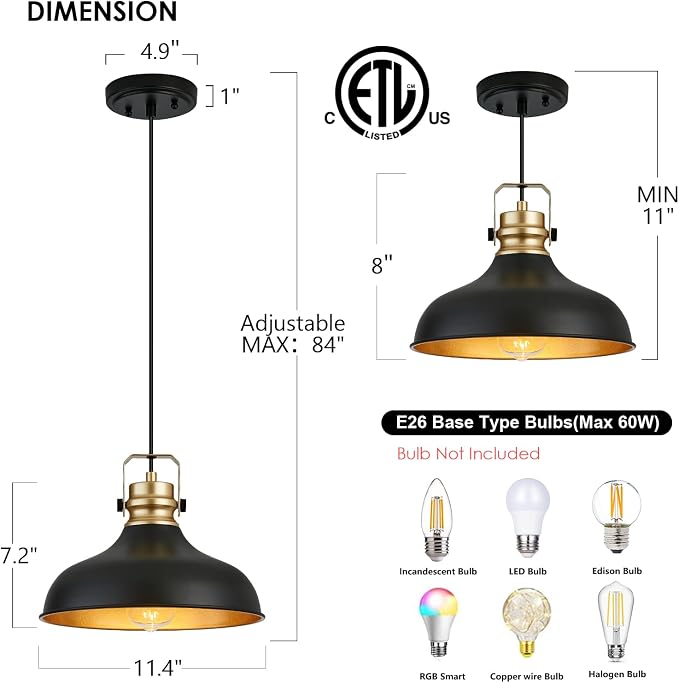 Black and Gold Pendant Lights Kitchen Island Fixtures | ETL Certificate,Industrial Adjustable Height Vintage Dome Hanging Light Fixtures for Barn,Dining Room 3 Pack