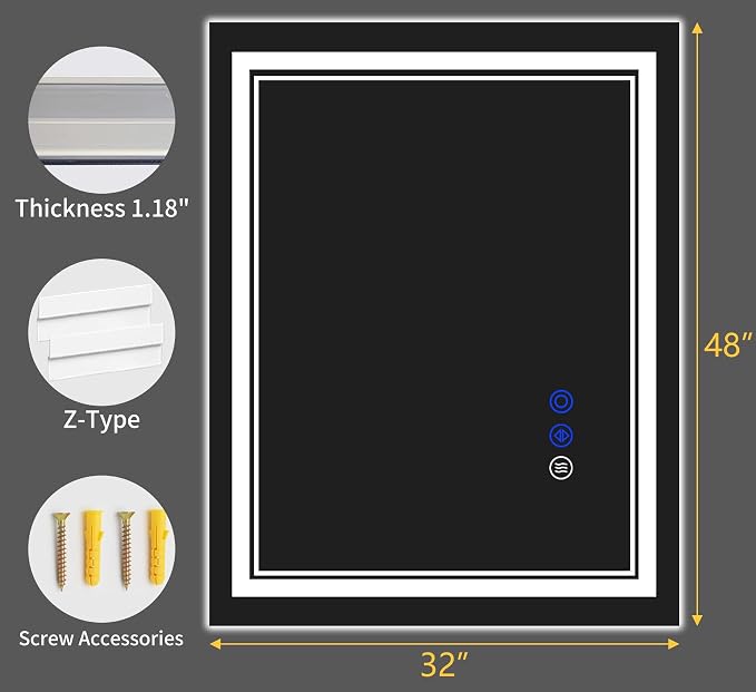 48"x32" LED Bathroom Mirror with Lights,Anti-Fog,3 Color Modes