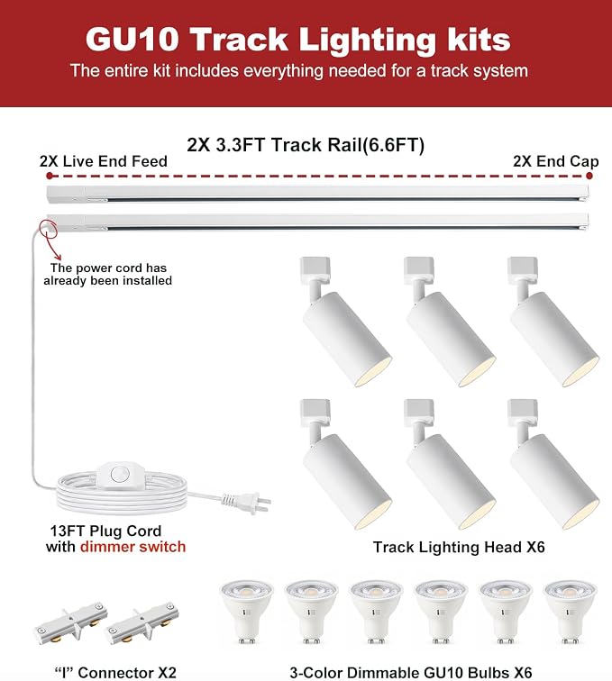 3-Color Plug in Track Lighting Dimmable with Power Cord, 6-Light Track Lighting Kit with 6.6FT H Type Track Lighting Rails, Modern Kitchen LED Track Lighting Fixtures Ceiling Spot Light, White