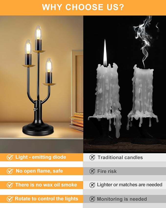 Vintage Black Candelabra Table Lamp Dimmable Gift E12 Bulbs Included