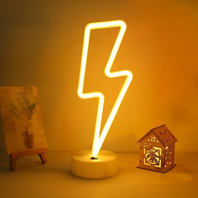 ENUOLI Lightning Neon Signs Warm White Decoration Art LED Lightning Neon Lights with Base Indoor for Living Room Office Christmas Wedding Party Bolt Battery Operated and USB Powered Night Lights