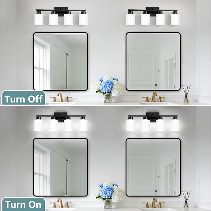 Black Bathroom Light Fixtures Vanity Lighting Over Mirror | 4-Light Modern Wall Sconces with Milky White Frosted Glass Shades for Restroom (E26 Socket)