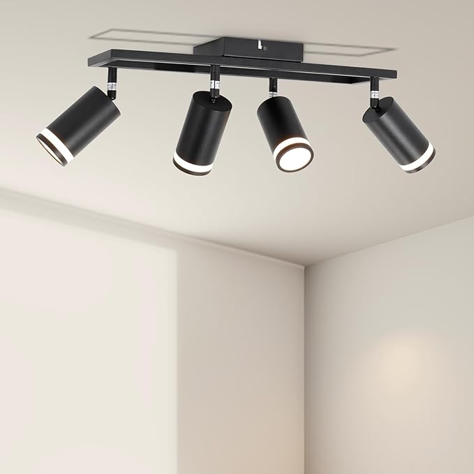 4-Light Track Lighting Fixtures Ceiling, GU10 Black Led Ceiling Spotlight, Modern Track Light Kit for Kitchen Hallway Bedroom Living Room