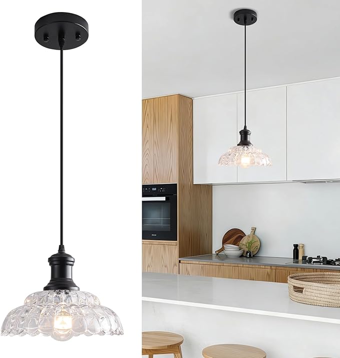 Vintage Pendant Light Kitchen Island, Black Pendant Light Fixture with Flower Clear Glass Shade, Antique Pendant Lamp for Dining Room, Living Room, Bedroom, Kitchen Island Sink