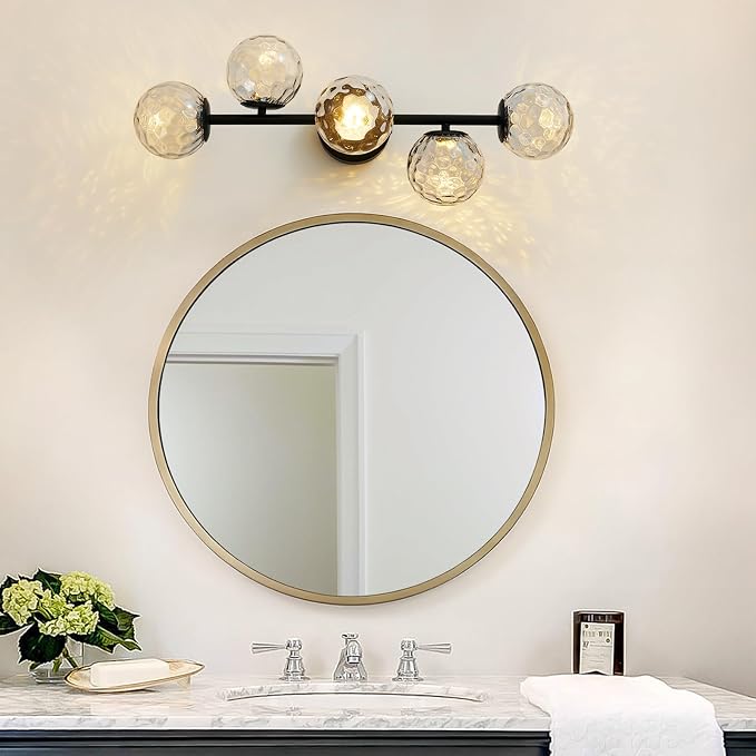 Black 5-Light LED Modern Hammered Glass Globe Bathroom Vanity Light | Hammered Glass, Captivating Water-Inspired Glow, Matte Black Finish, Mid Century Modern Design, Integrated LED Light Source