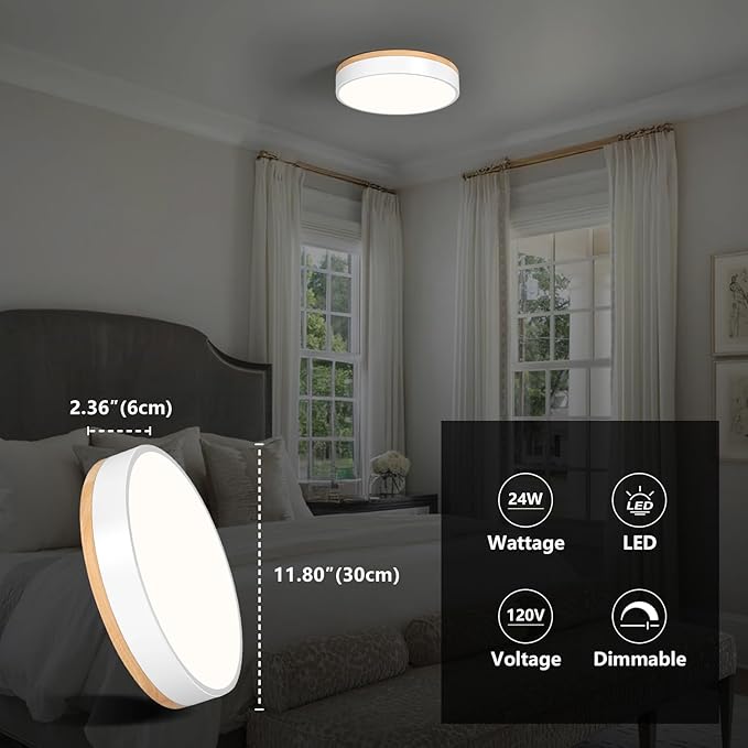 Dimmable Wood Oak Ceiling Light Fixture Modern White LED Flush Mount Ceiling Light 5CCT Minimalist Circle Close to Lighting Fixture for Bedroom Kitchen Bathroom Laundry Room 11.81 Inch