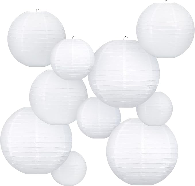 10pcs White Round Hanging Paper Lanterns, 4 Size | Chinese Paper Lanterns, Party Wedding Anniversary Decorations