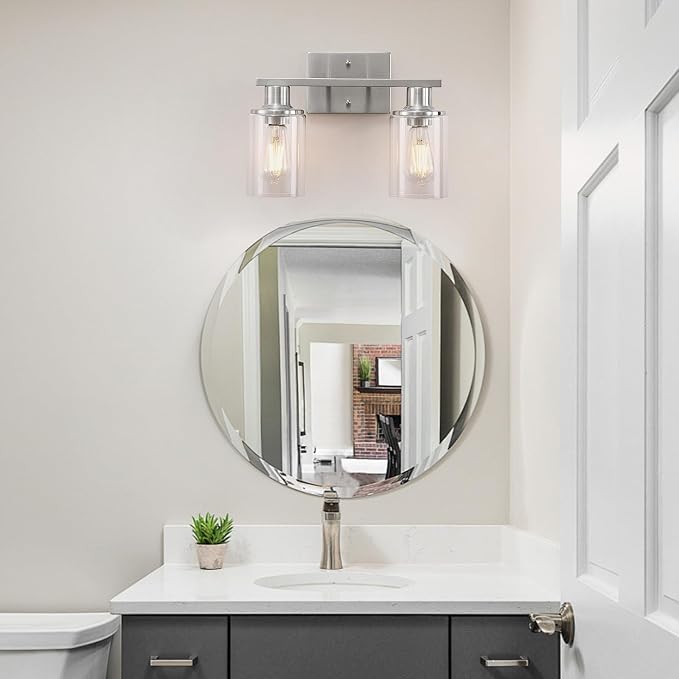 Brushed Nickel Bathroom Light Fixtures Over Mirror,2-Light Bathroom Vanity Light with Clear Glass Shade,Modern Farmhouse Wall Sconces Lighting for Mirror Kitchen Living Room Cabinet
