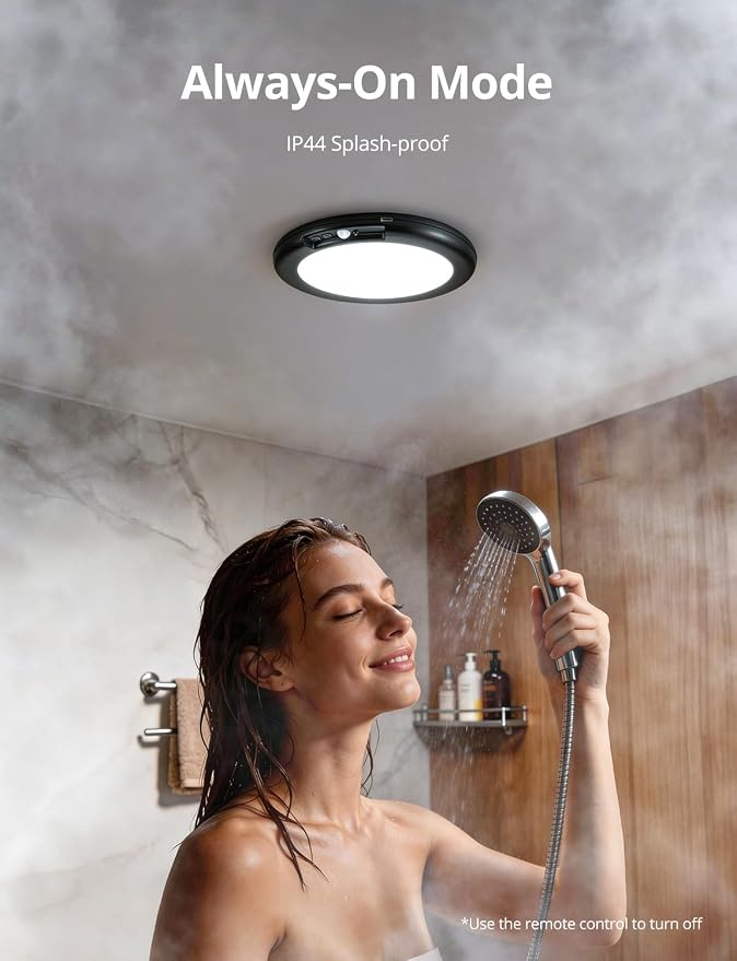 Bojim Black Rechargeable Shower Light for Inside Motion Sensor for Closet | Waterproof Magnetic Battery Operated Lights with Remote Dimmable 3CCT No Wiring for Bathroom Laundry Pantry Closet Shed