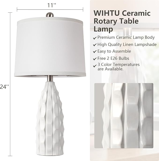 WIHTU 24" Ceramic Table Lamps Set of 2, Modern Nightstand Light, White | Linen Shade, 3 Color Temps, Farmhouse/Boho Style, Bedroom/Living Room/Office decor, Ideal Gifts, 2 Bulbs Included, E26 Base