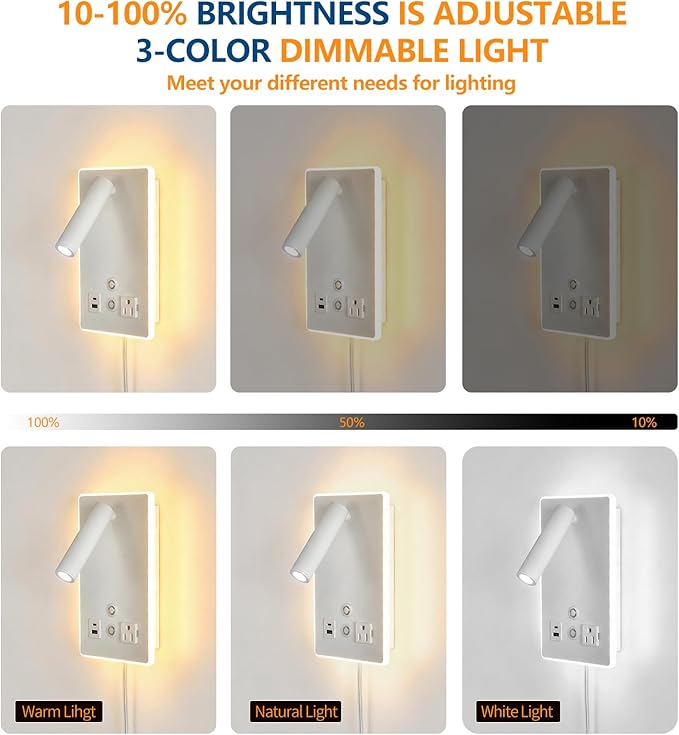 Dimmable Plug in Wall Sconce with Touch Switch,Headboard Bedside Wall Lamp,Multifunction Wall Light with USB C+A Ports,Adjustable Wall Mounted Reading Light,3 Color Temperature(White)