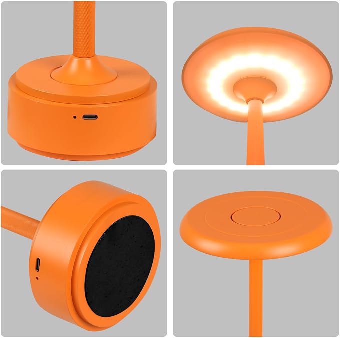 Cordless Rechargeable Modern Metal Table Lamp, Touch Dimming, 3-Color | Orange, 5200mAh Battery, Portable LED Desk Light, Touch Sensor, Suitable for Night Light/Restaurant/Night Stand/Coffee/Bar