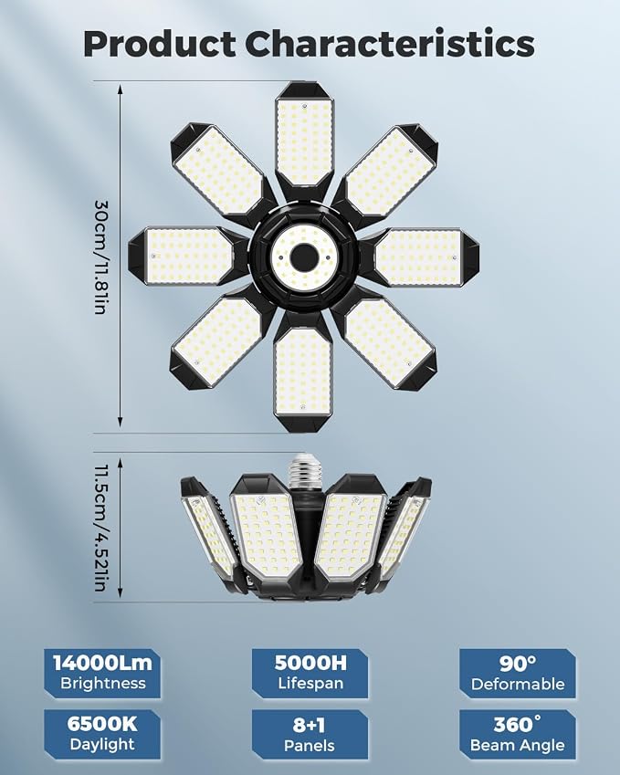 LED Garage Lights, Ultra Brighter 14000LM 6500K Garage Lighting | LED Garage Ceiling Lights w/ 8 Adjustable Panels, Deformable Garage Light Bulb Screw in E26 Socket for Basement Shop Attic