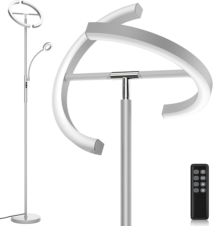 2-in-1 Dimmable Floor Lamp with Reading Light - Rotatable Standing Lamp with Remote&Touch Control, Stepless Color Brightness Adustable, Modern Lamp for Living Room Bedroom Office, Silver