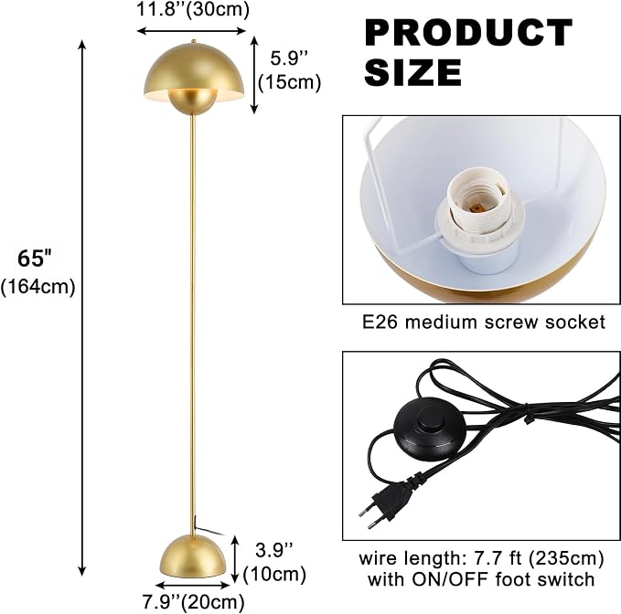 Mid-Century Modern Metal Bud Floor Lamp for Home and Office, Pearl Gold | Indirect lighting, fits narrow spaces,fit for bedroom, living room & office, match with modern, industrial, farmhouse decor