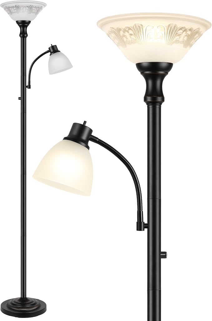 Torchiere Floor Lamps for Living Room, 71" Tall Standing Lamp with Thick Glass Shade, Metal Pole & Heavy Base, Vintage Corner Lamp with Reading Light for Bedroom Home Office, 3CCT Bulb Included