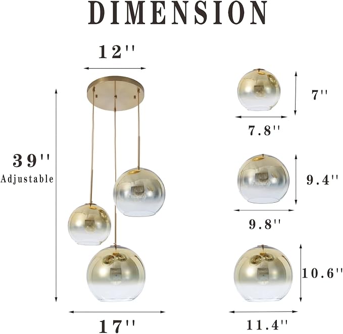 Modern Globe Pendant Lighting Gradient Gold Glass Pendant Light Fixtures Dining Room Adjustable Hanging Cluster Pendant Lamp Nordic 3-Light Heads Chandeliers Lighting for Kitchen Bedroom