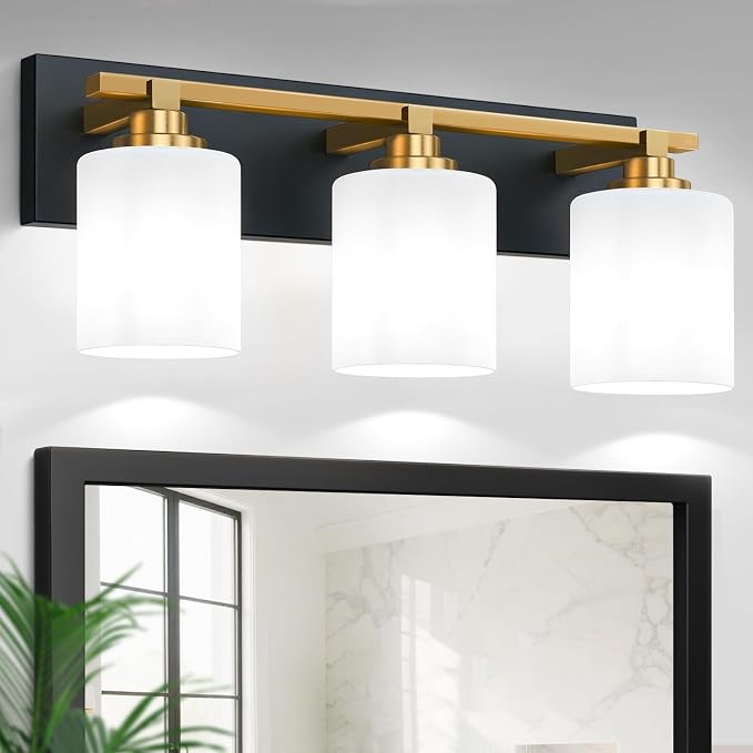 Black and Gold Bathroom Light Fixture, Modern 3 Light Vanity Lights for Bathroom Lighting Fixtures Over Mirror, White Glass Lampshade, Master & Guest bathrooms Bathroom Remodel, 20-inch