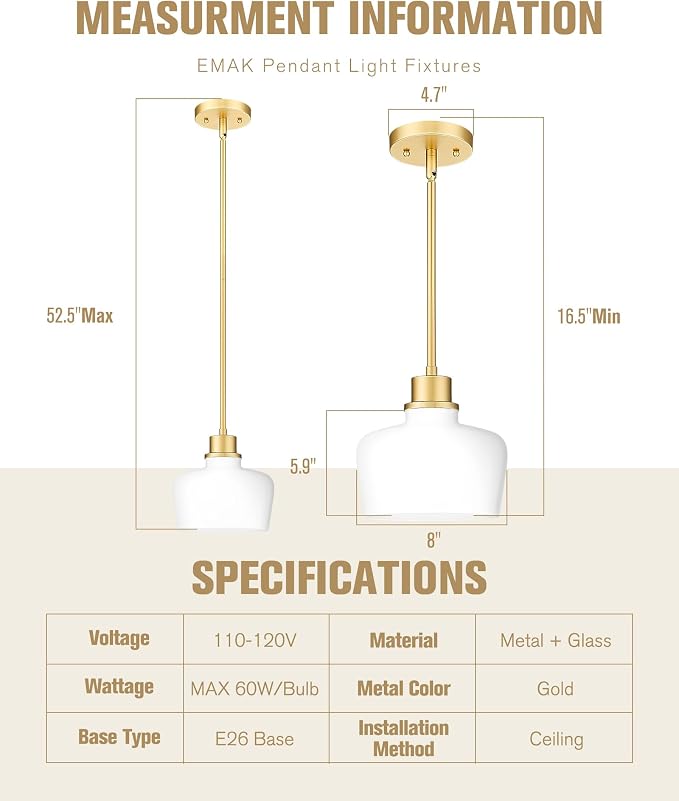Emak 1-Light Painted Gold Pendant Light with Milk Glass Shade, PL122-GD-ML | 8-inch Milk Glass Shade for Soft Light; Vintage Bell-Shaped, 42-inch Adjustable Rods. For Kitchen & Dining rooms. UL Listed.