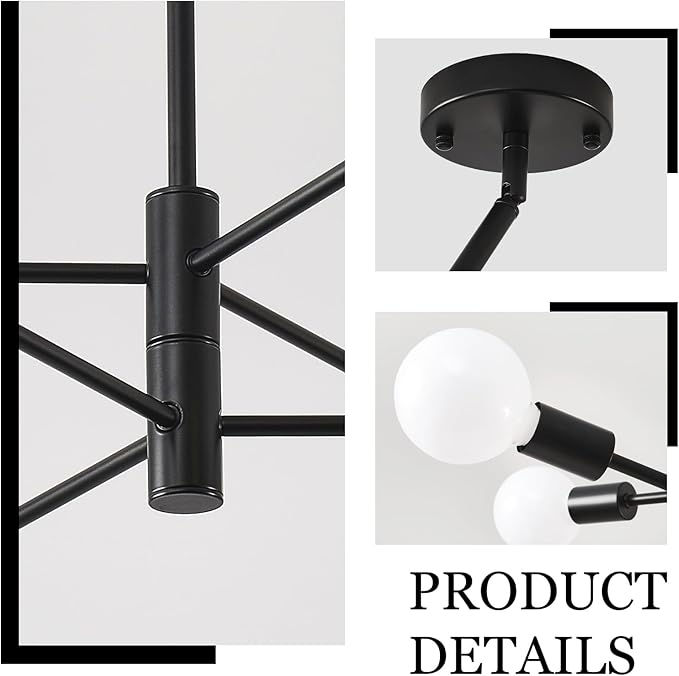 HHR Black Sputnik Ceiling Light, 6-Light Modern Chandelier with Adjustable Height, Mid Century Ceiling Lighting Fixture for Dining Room Kitchen Island Farmhouse