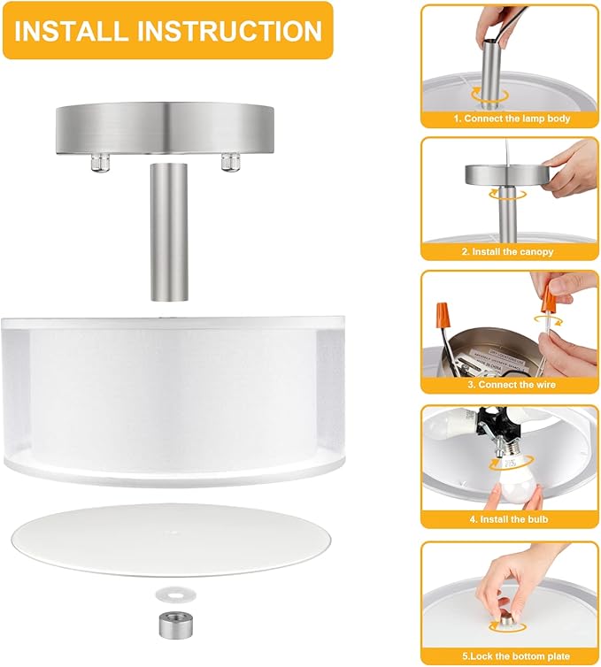 FOLKSMATE 3-Light Semi Flush Mount Ceiling Light Fixture, Drum Light with Double Fabric Shade, Modern Close to Ceiling Lamps for Dining Room Kitchen