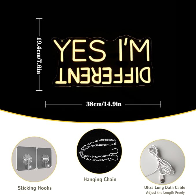 Yes I'm Different Neon Art Sign I'm Different LED Sign Warm White Letter Neon Light Sign Inspirational Quote Light for Motivational Party Music Classroom Bedroom Home Wall Art