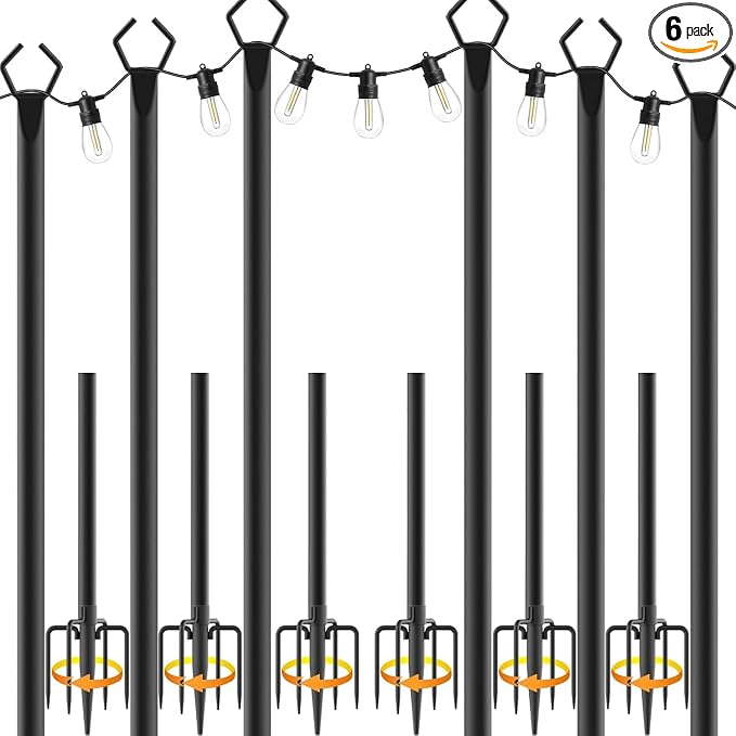 AILBTON 10Ft String Light Poles 6 Pack,Light Poles for Outside Lights,Outdoor with Fence Brackets Hanging Lights,Metal Stand Deck Patio Backyard