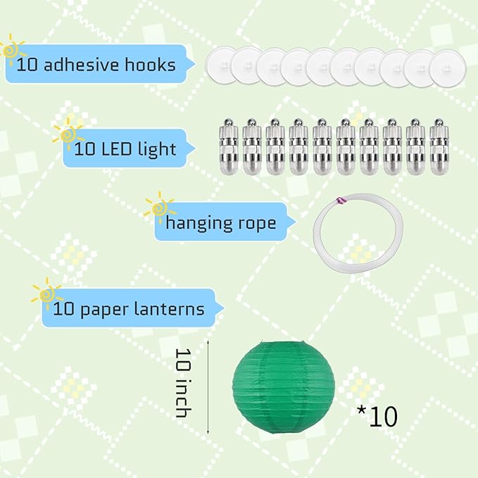 Chinese Paper Lanterns - Pack of 10, 10-Inch Pine Green Hanging Lights for Birthday Party Decorations, Ceiling Decor, Rainbow Classroom, Wedding, and Home Party