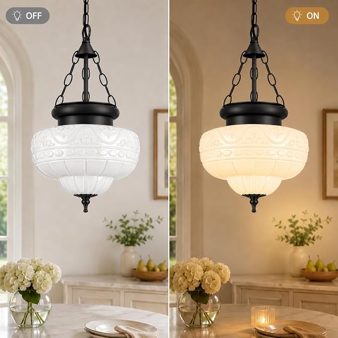 Vintage Matte Black Pendant Light for Kitchen Island, Handblown Textured Milky Glass Hanging Light Fixture, Adjustable Height E26 Pendant Lighting for Dining Room Entryway Hallway