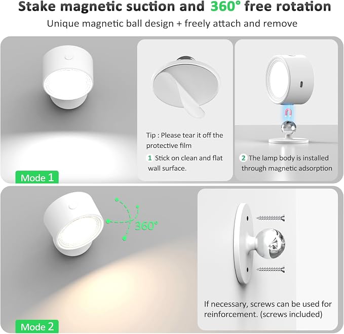 Racokky LED Wall Lights 2 Pcs with Remote, Wall Sconces Lamp 3000mAh Rechargeable Battery Operated, 3 Color Temperatures & Dimmable Magnetic 360° Rotation Cordless Light for Bedroom Reading(White)