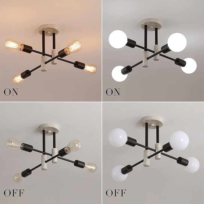 Farmhouse Ceiling Light Fixtures,Oak+Black,4-Lights Rustic Vintage Metal Sputnik Chandelier for Bedroom Living Room Dining Room Kitchen Entryway Hallway Office UL Listed