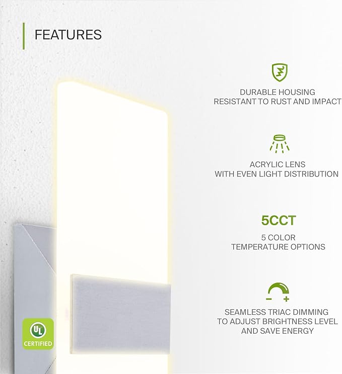 ASD 12 Inch Indoor LED Wall Sconce - 12W 2700K-5000K Dimmable Brushed Nickel Wall Sconce Lights for Living Room, Bedroom, Bathroom, Hallway - Modern Wall Sconces Hardwired, UL Interior Light